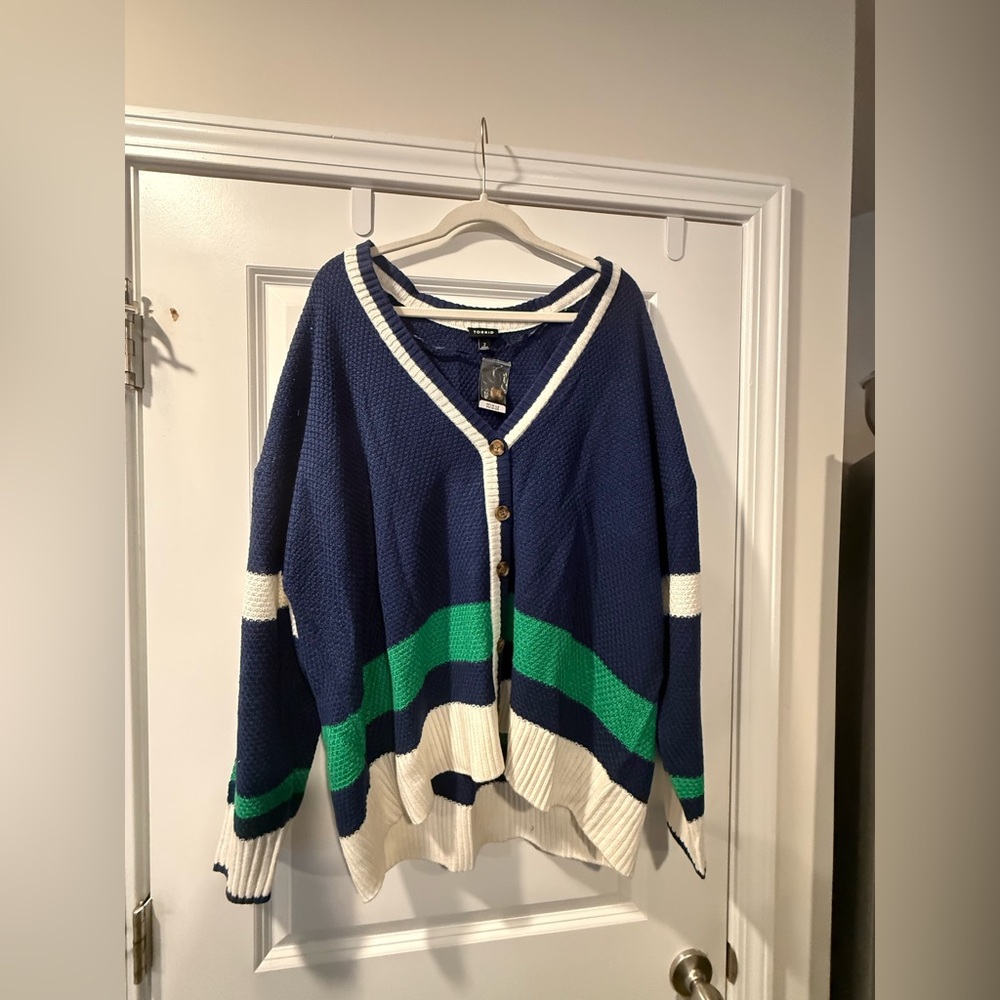 Navy and Green Women's Cardigan